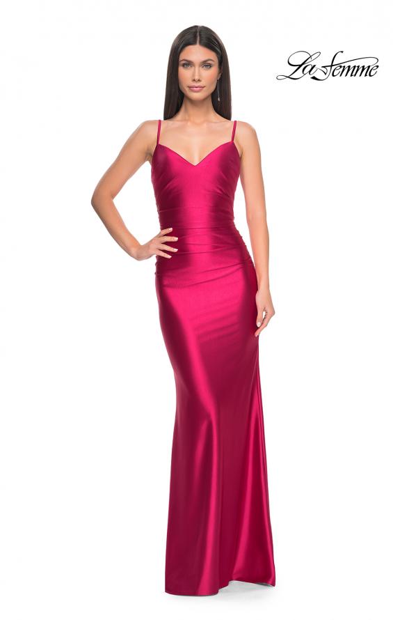 Picture of: Chic Stretch Satin Gown with V Neckline and Ruching in Deep Red, Style: 32075, Detail Picture 3