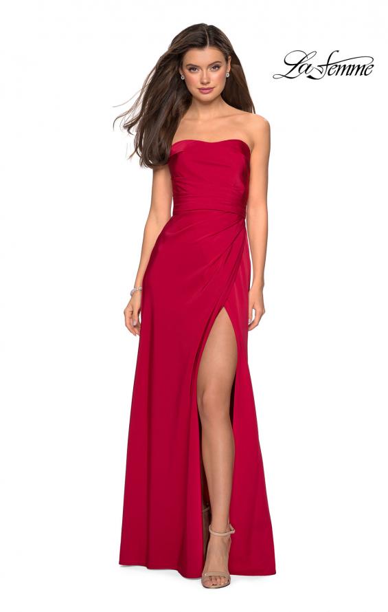 Picture of: Strapless Jersey Prom Dress with Ruching and Slit in Deep Red, Style: 26794, Detail Picture 6