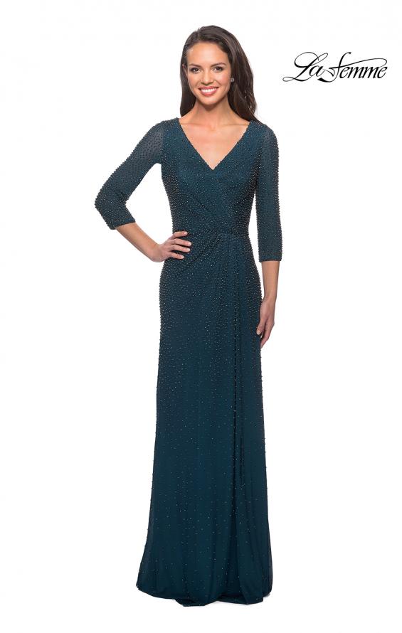 Picture of: Floor Length Beaded Gown with Three Quarter Sleeves in Deep Teal, Style: 25030, Main Picture