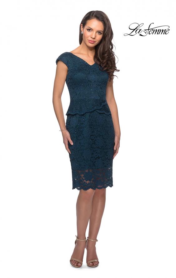 Picture of: Peplum Knee Length Lace Dress with Cap Sleeves in Deep Teal, Style: 25529, Main Picture