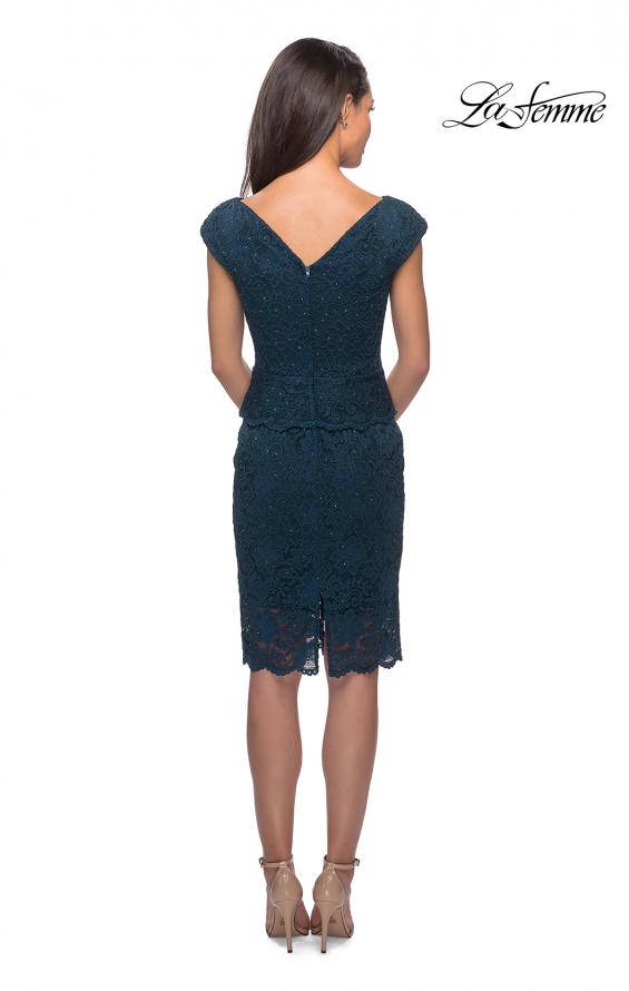 Picture of: Peplum Knee Length Lace Dress with Cap Sleeves in Deep Teal, Style: 25529, Back Picture