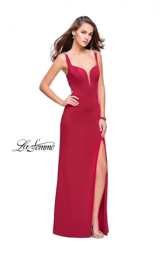 Picture of: Long Jersey Prom Dress with Metallic Beading and Slit in Deep Red, Style: 25623, Detail Picture 1