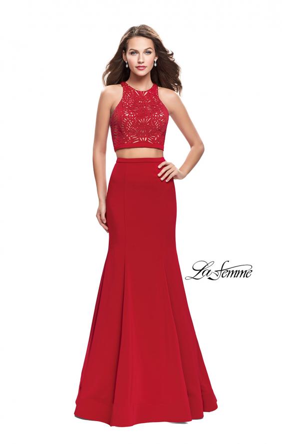 Picture of: Two Piece Jersey Prom Dress with Laser Cut Outs in Deep Red, Style: 25759, Detail Picture 2