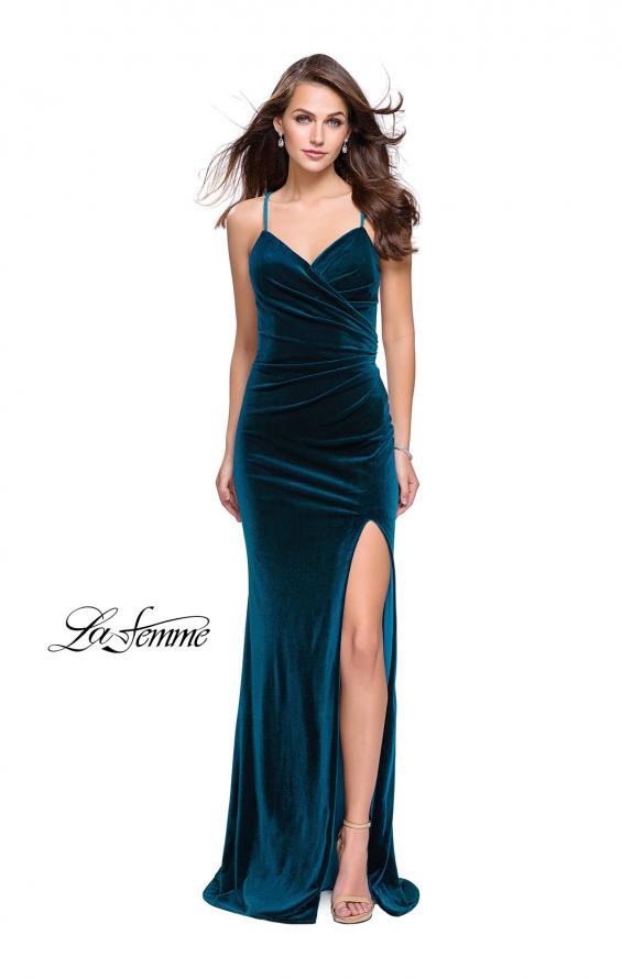 Picture of: Velvet Prom Dress with Strappy Back and Small Train in Deep Teal, Style: 25184, Main Picture