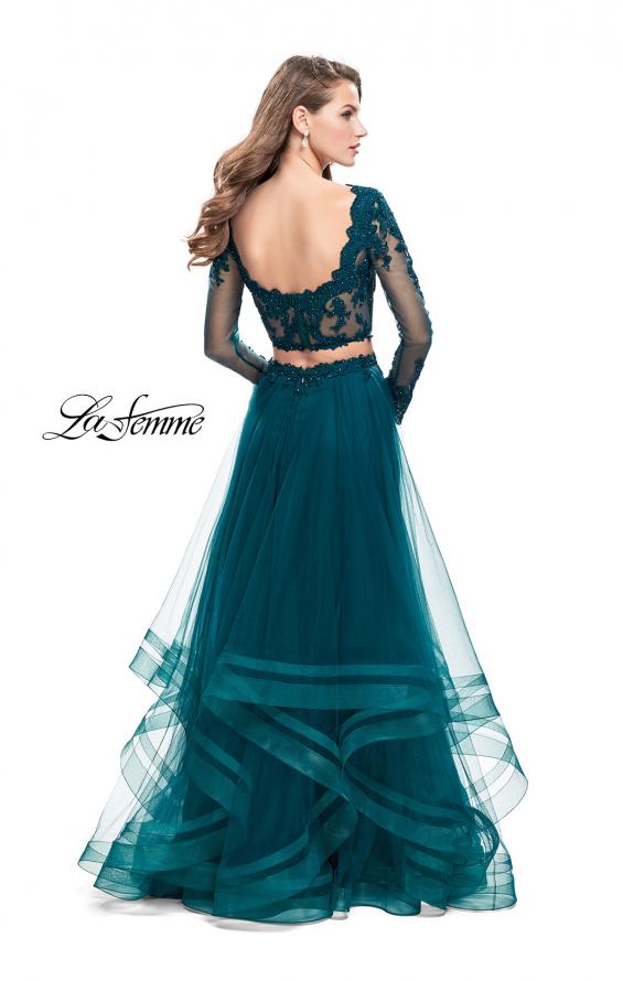 Picture of: Long Two Piece Prom Dress with Tulle Skirt and Lace Top in Deep Teal, Style: 25300, Back Picture