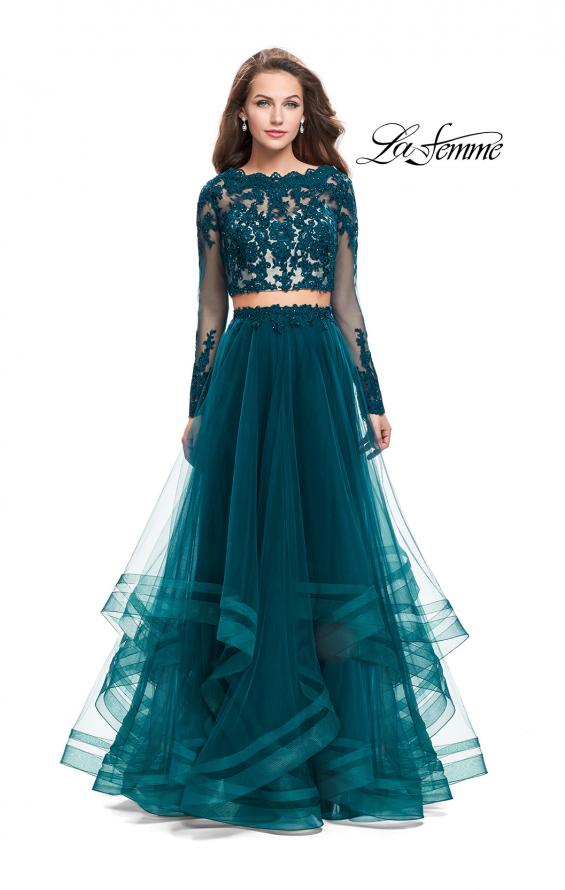 Picture of: Long Two Piece Prom Dress with Tulle Skirt and Lace Top in Deep Teal, Style: 25300, Detail Picture 1
