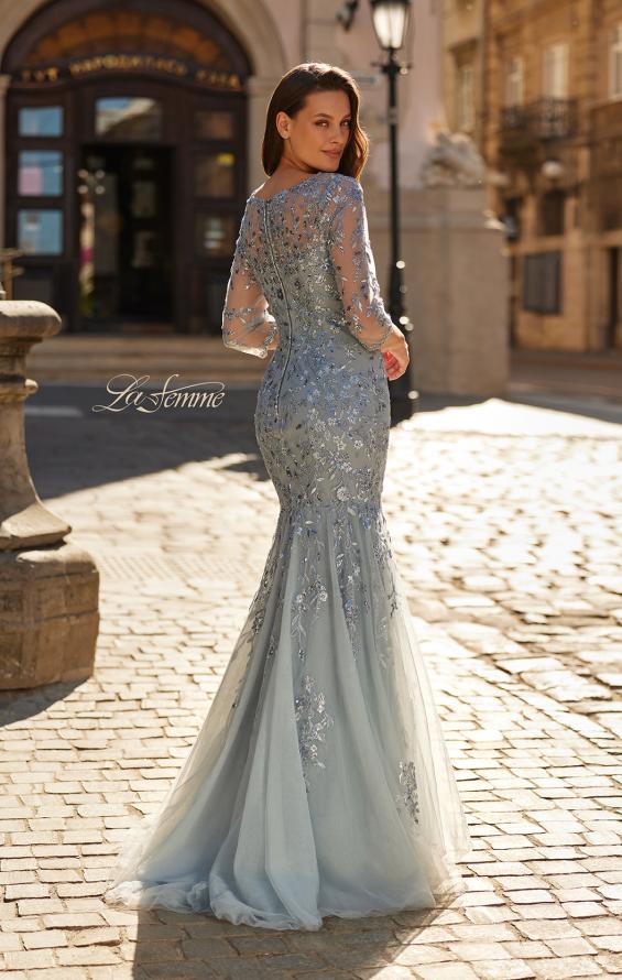 Blue Picture of: Lace Tulle Mermaid Gown with Illusion Sleeves in Dusty Blue, Style: 31799, Back Picture