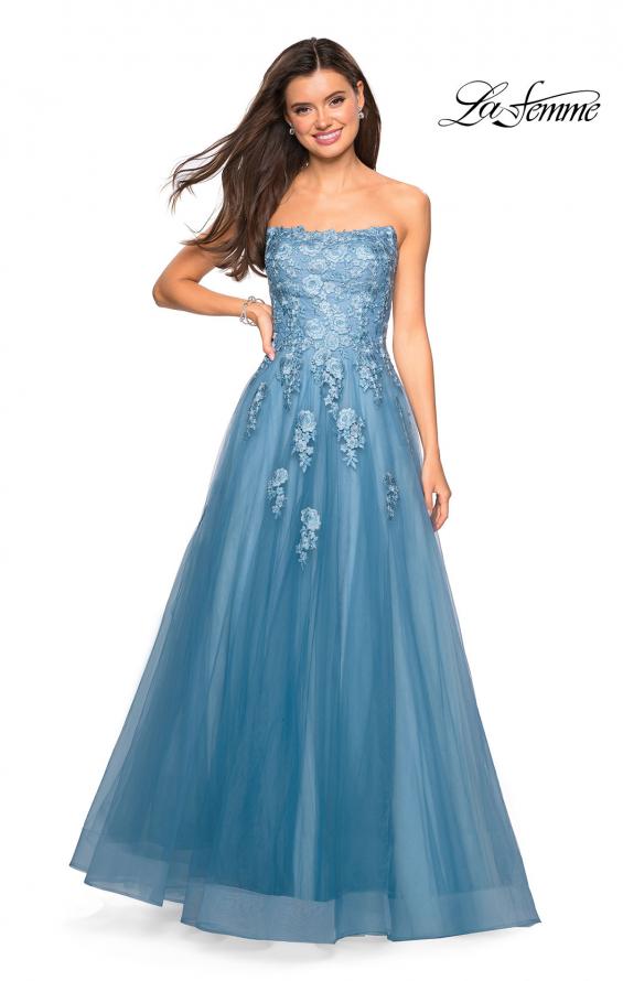 Picture of: Lace Accented Strapless Ball Gown with Pockets in Dusty Blue, Style: 27330, Detail Picture 1
