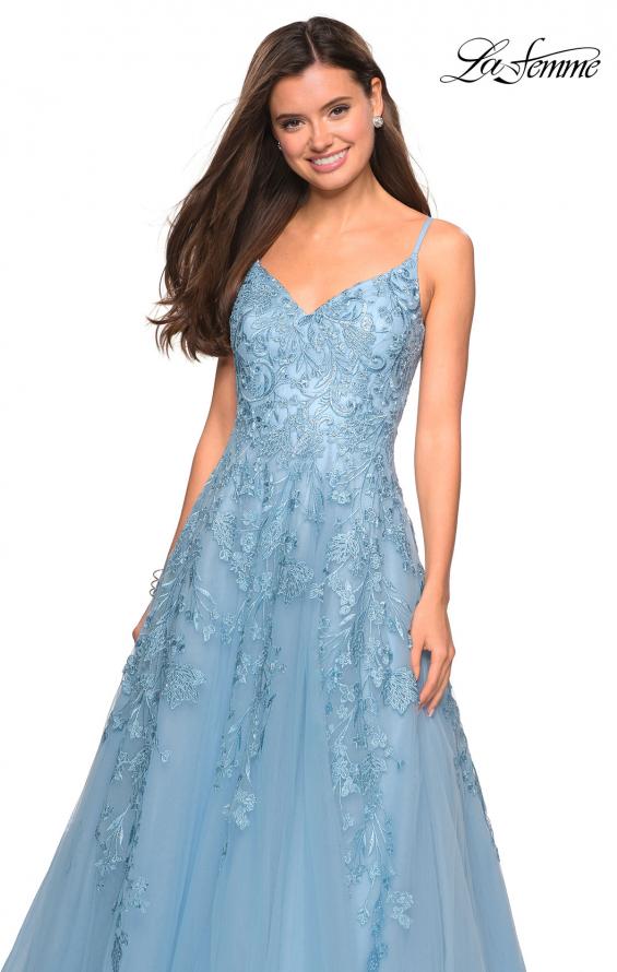 Picture of: Floral Embellished A-Line Tulle Prom Dress in Dusty Blue, Style: 27819, Detail Picture 2
