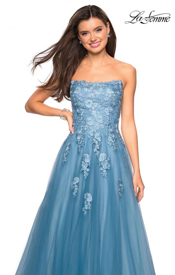 Picture of: Lace Accented Strapless Ball Gown with Pockets in Dusty Blue, Style: 27330, Detail Picture 4