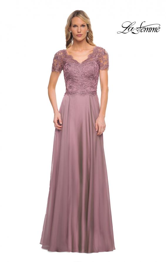 Picture of: Long Chiffon Dress with Lace Bodice and Pockets in Dusty Lilac, Style: 27098, Main Picture