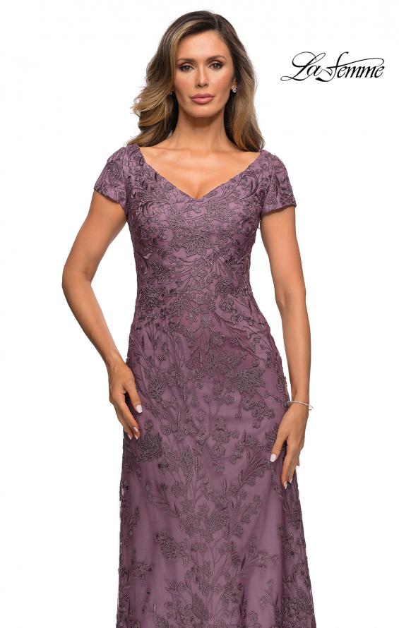 Picture of: Lace Evening Gown with Cap Sleeves and V-Neck in Dusty Lilac, Style: 27915, Detail Picture 1