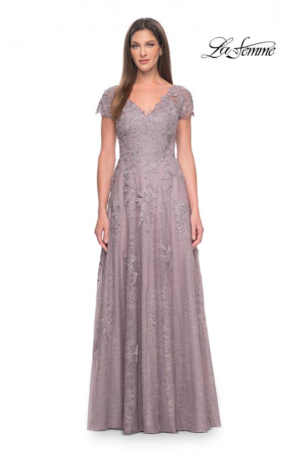 Picture of: A-Line Dress with Lace Applique and Sheer Short Sleeves in Dusty Lilac, Style: 30168, Detail Picture 1