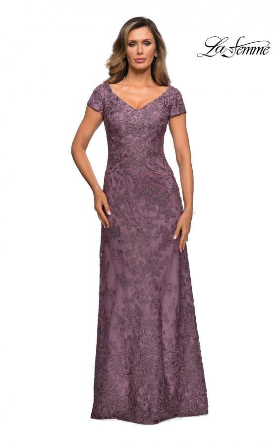 Picture of: Lace Evening Gown with Cap Sleeves and V-Neck in Dusty Lilac, Style: 27915, Detail Picture 5