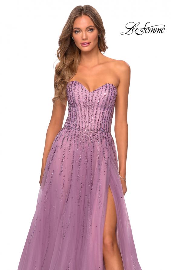 Picture of: Strapless Beaded Prom Gown with Slit and Pockets in Dusty Lilac, Style 28603, Detail Picture 6