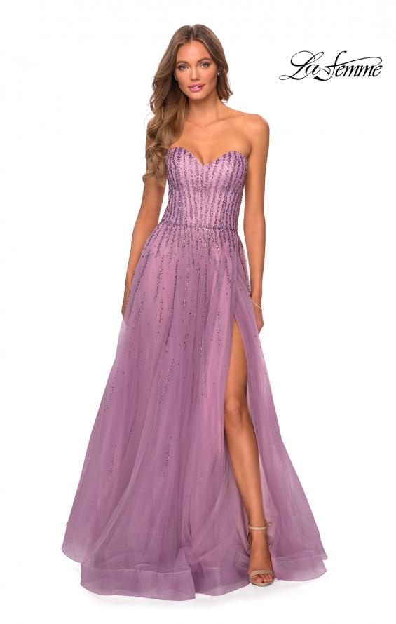 Picture of: Strapless Beaded Prom Gown with Slit and Pockets in Dusty Lilac, Style 28603, Detail Picture 7
