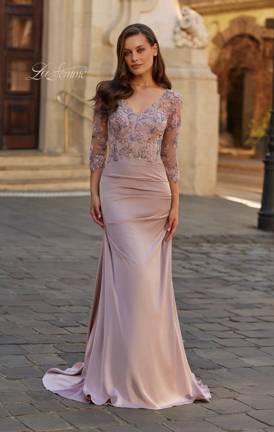 Pink Picture of: Floral Embroidered V-Neck Evening Gown in Dusty Mauve, Style: 33335, Main Picture