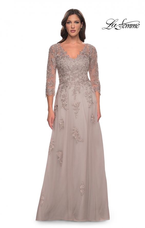 Picture of: Tulle and Lace A-Line Dress with V Neckline in Dusty Mauve, Style: 30398, Detail Picture 3