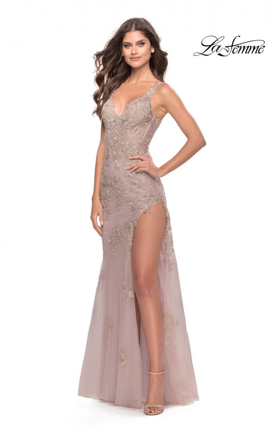 Picture of: Lace Long Dress with High Side Slit and V Neckline in Dusty Mauve, Style: 31126, Main Picture