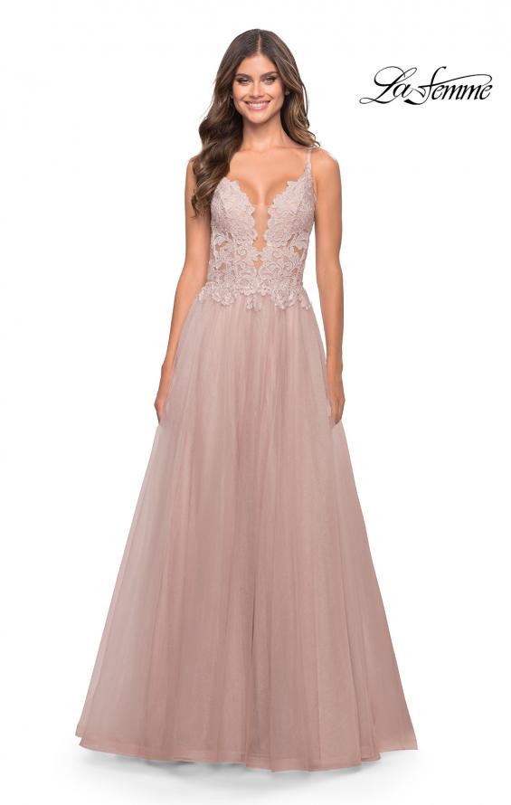 Picture of: A Line Tulle Gown with Lace Bodice and V Back in Dusty Mauve, Style: 31507, Detail Picture 8