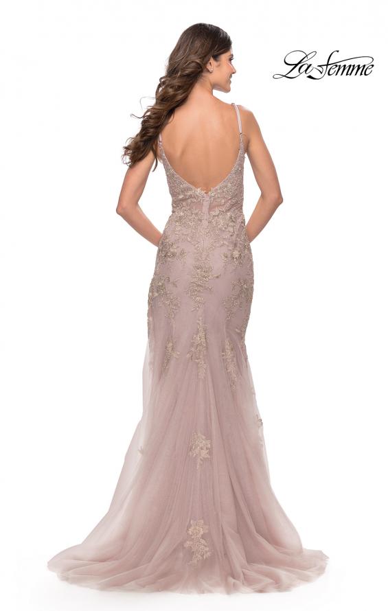 Picture of: Lace Long Dress with High Side Slit and V Neckline in Dusty Mauve, Style: 31126, Back Picture