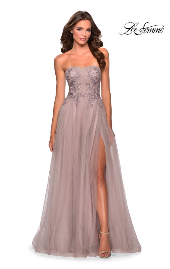 Picture of: Strapless Tulle Gown with Floral Embellishments in Dusty Mauve, Style: 28586, Detail Picture 1