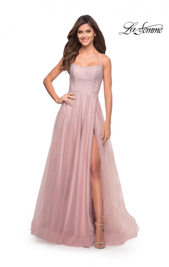 Picture of: Rhinestone and Tulle Gown with A-line Skirt in Dusty Mauve, Style: 30581, Detail Picture 1