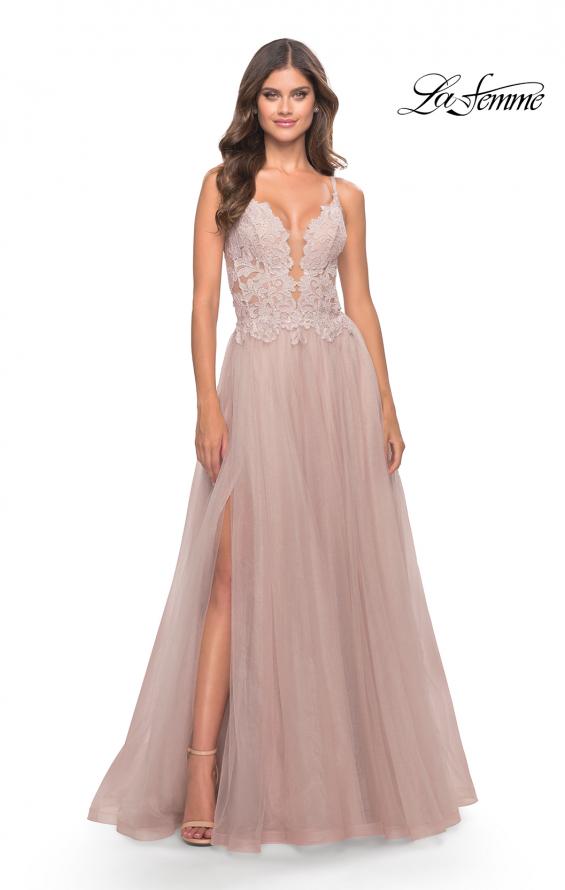 Picture of: A Line Tulle Gown with Lace Bodice and V Back in Dusty Mauve, Style: 31507, Detail Picture 1