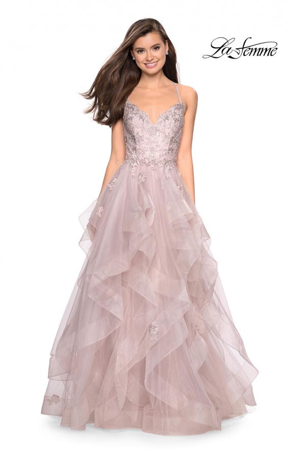 Picture of: Floor Length Tulle Dress with Floral Embellishments in Dusty Mauve, Style: 27579, Detail Picture 2