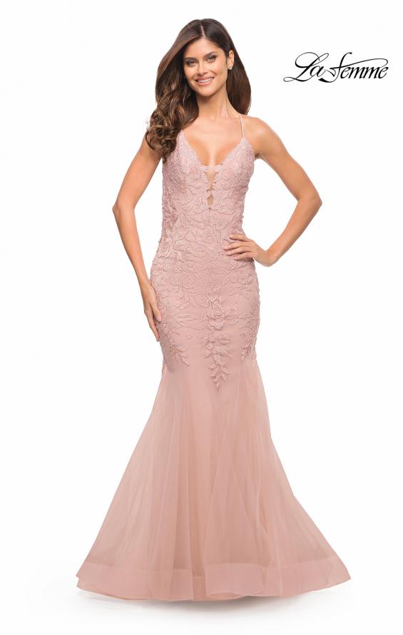 Picture of: Mermaid Tulle and Lace Jeweled Prom Dress in Dusty Mauve, Style: 30584, Detail Picture 5