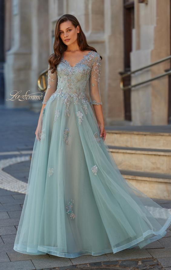 Green Picture of: Beaded Lace Tulle A-Line Gown with Sheer Sleeves in Dusty Sage, Style: 33536, Main Picture