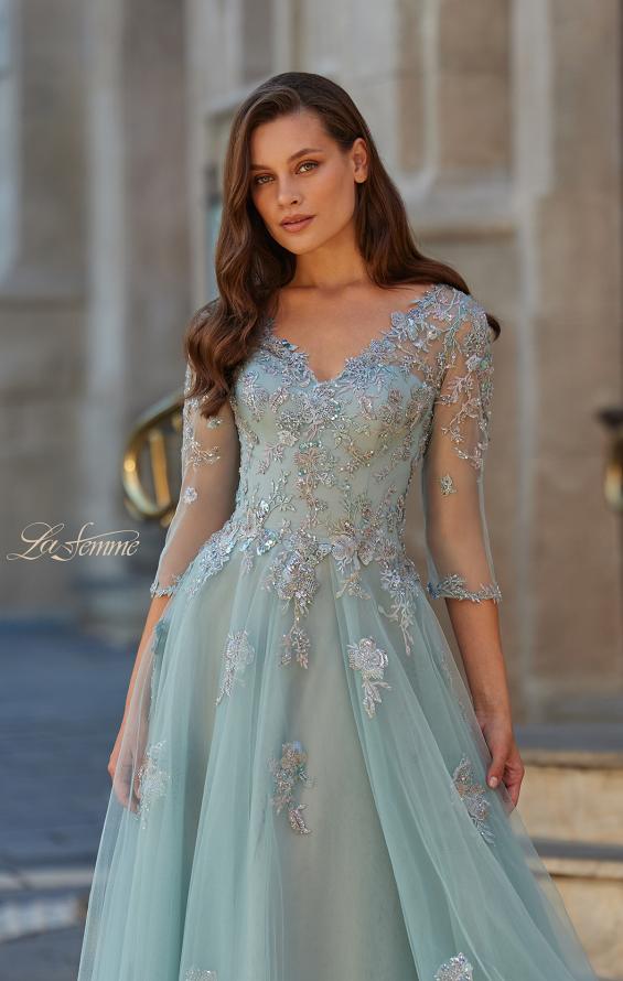 Green Picture of: Beaded Lace Tulle A-Line Gown with Sheer Sleeves in Dusty Sage, Style: 33536, Detail Picture 3