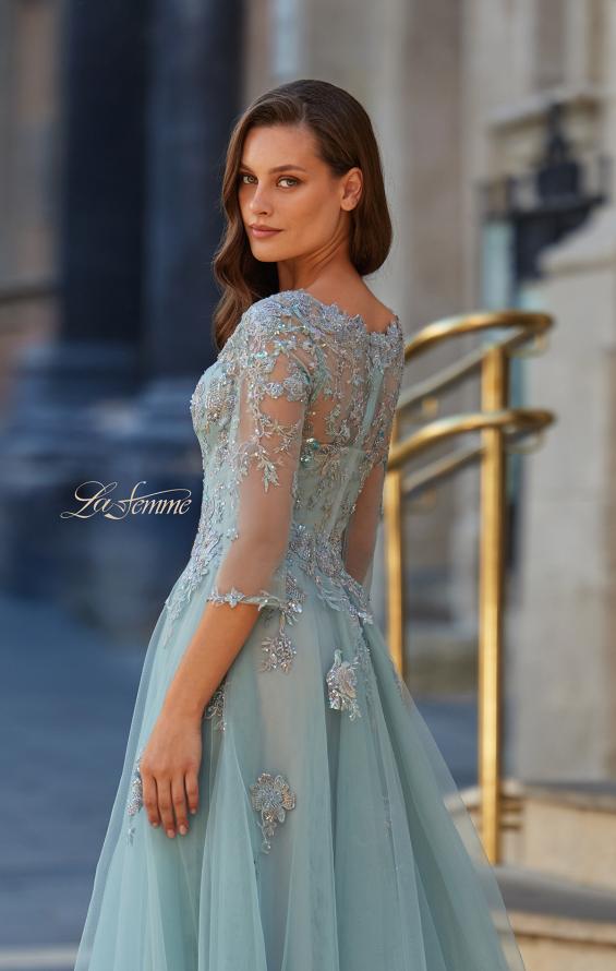 Green Picture of: Beaded Lace Tulle A-Line Gown with Sheer Sleeves in Dusty Sage, Style: 33536, Detail Picture 4