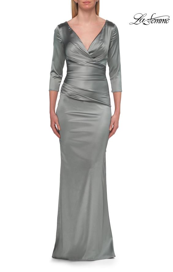 Picture of: V-Neck Satin Gown with Ruched Bodice and Three-Quarter Sleeves in Dusty Sage, Style: 33152, Detail Picture 8