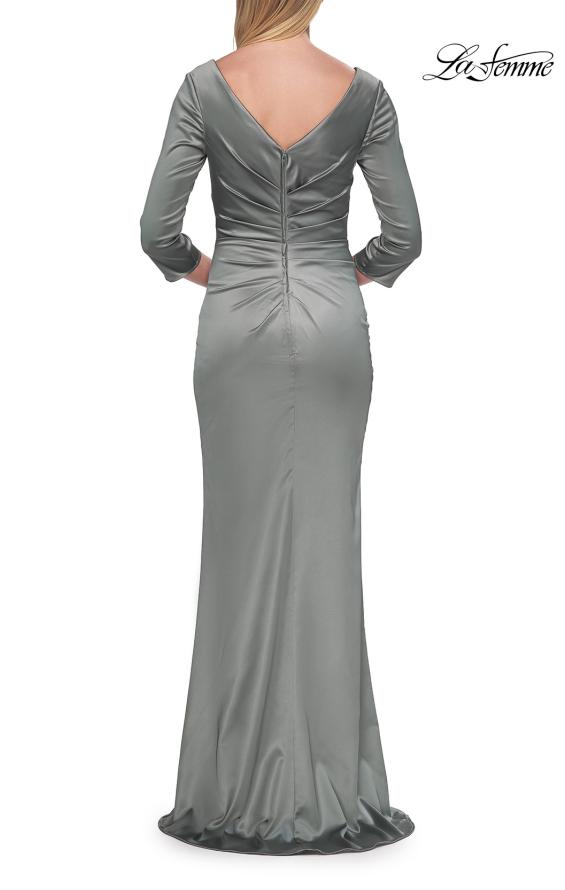 Picture of: V-Neck Satin Gown with Ruched Bodice and Three-Quarter Sleeves in Dusty Sage, Style: 33152, Detail Picture 9