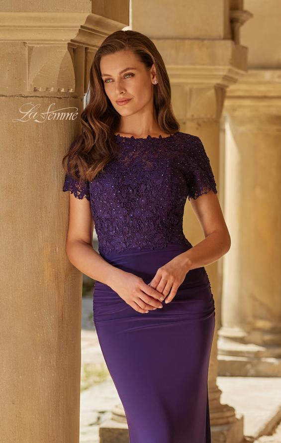Purple Picture of: Short Sleeve Lace Bodice Evening Gown in Eggplant, Style: 33331, Detail Picture 7