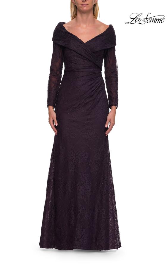 Purple Picture of: Lace Long Sleeve V-Neck Evening Gown in Eggplant, Style: 33333, Detail Picture 8