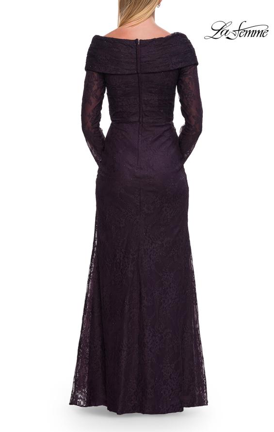 Purple Picture of: Lace Long Sleeve V-Neck Evening Gown in Eggplant, Style: 33333, Detail Picture 9