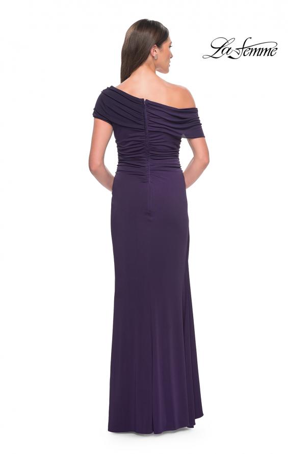 Picture of: Jersey Evening Gown with Asymmetrical Neckline in Eggplant, Style: 31459, Back Picture