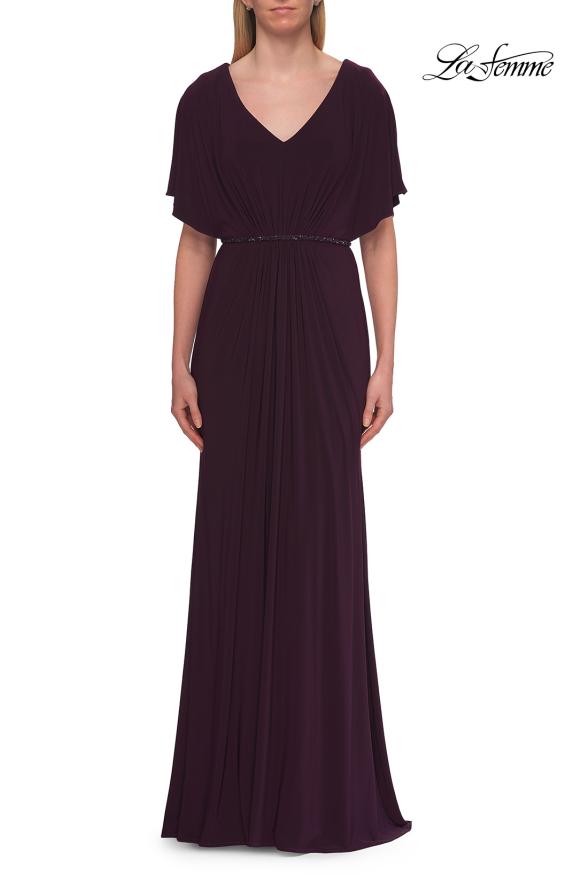 Picture of: Flutter Sleeve Jersey Gown with Beaded Waist in Eggplant, Style: 33158, Detail Picture 1
