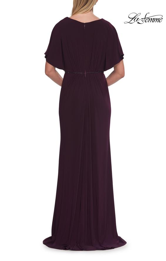 Picture of: Flutter Sleeve Jersey Gown with Beaded Waist in Eggplant, Style: 33158, Detail Picture 2