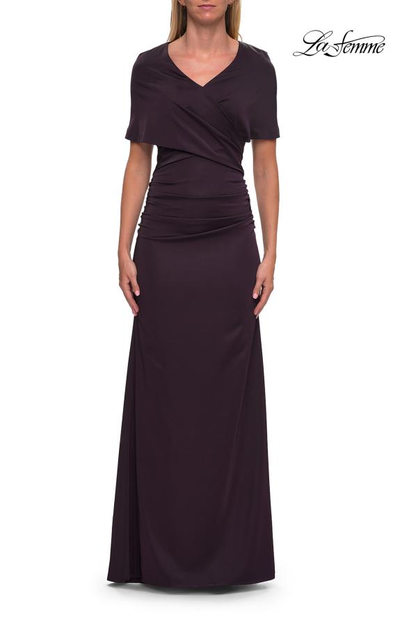 Purple Picture of: Jersey Gown with Draped Bodice and Short Sleeves in Eggplant, Style: 33157, Detail Picture 7