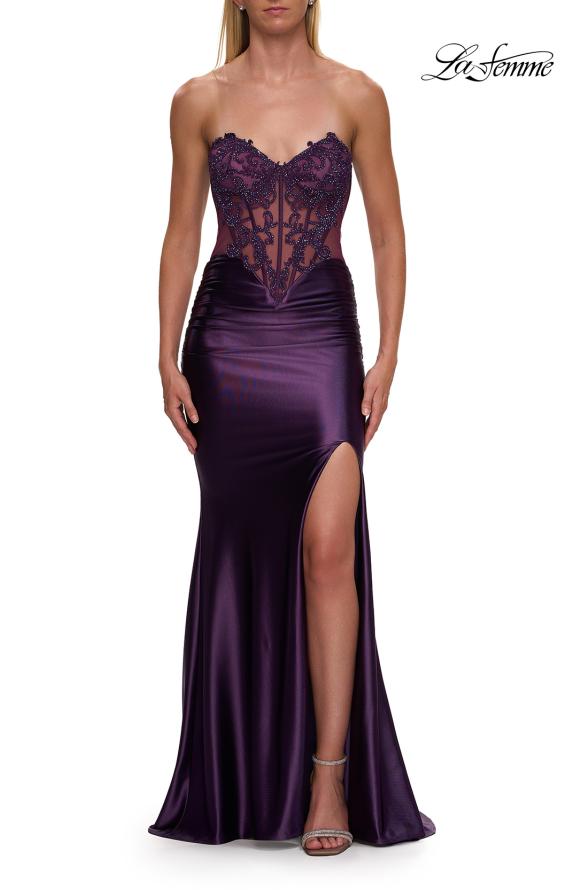 Purple Picture of: Strapless Embellished Corset Gown with Satin Skirt in Eggplant, Style: 33639, Detail Picture 7