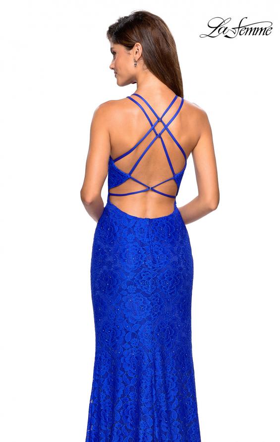 Picture of: Stretch Lace Prom Gown with Rhinestones and Slit in Electric Blue, Style: 27046, Main Picture