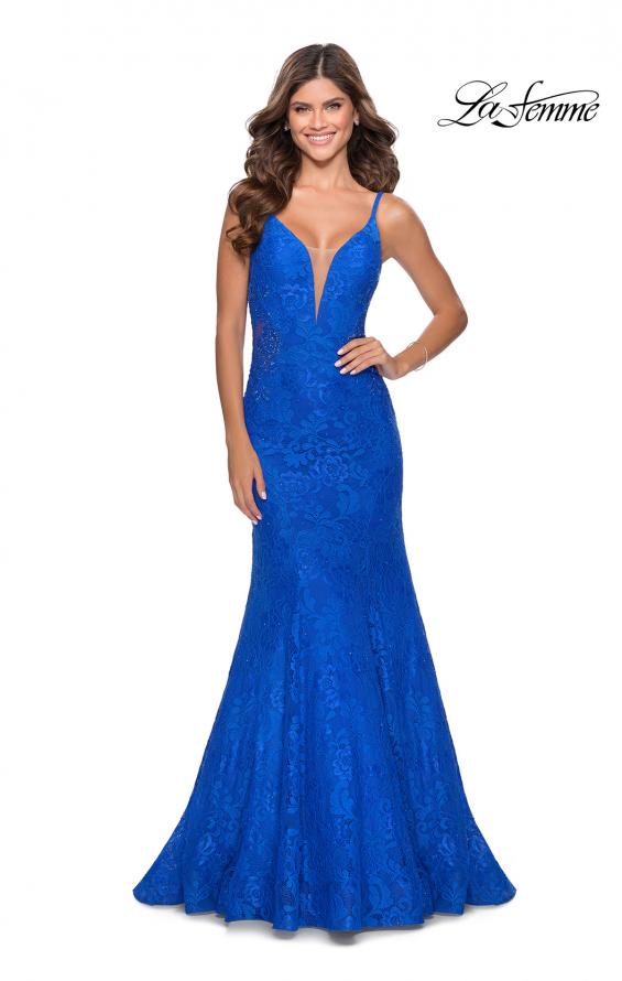 Picture of: Long Mermaid Lace Dress with Back Rhinestone Detail in Electric Blue, Style: 28355, Detail Picture 9