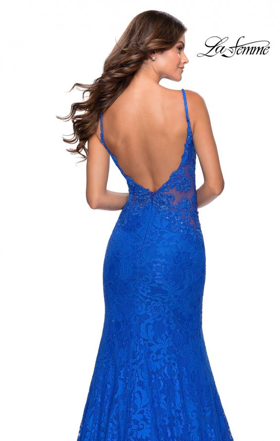 Picture of: Long Mermaid Lace Dress with Back Rhinestone Detail in Electric Blue, Style: 28355, Detail Picture 10