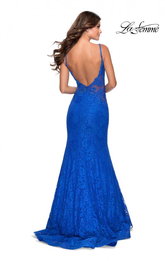 Picture of: Long Mermaid Lace Dress with Back Rhinestone Detail in Electric Blue, Style: 28355, Back Picture
