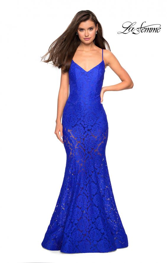 Picture of: Long Form Fitting Lace Prom Dress with Attached Shorts in Electric Blue, Style: 27584, Detail Picture 1