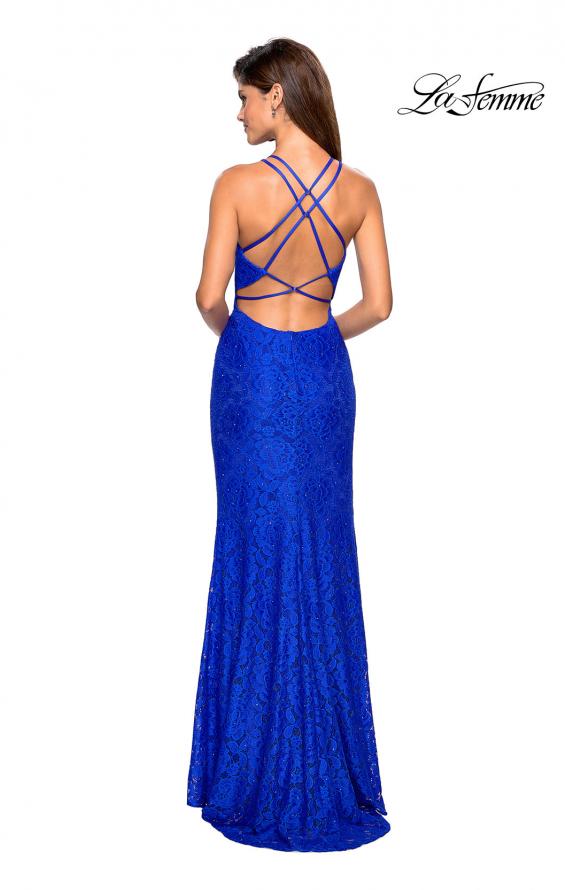 Picture of: Stretch Lace Prom Gown with Rhinestones and Slit in Electric Blue, Style: 27046, Detail Picture 2