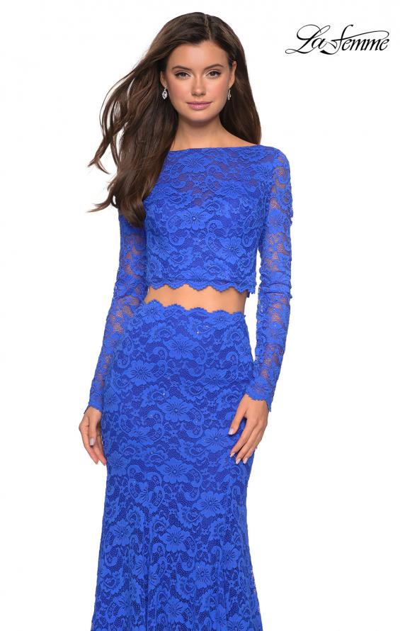 Picture of: Stretch Lace Long Sleeve Two Piece Prom Dress in Electric Blue, Style: 27601, Detail Picture 5
